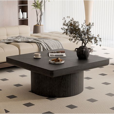 Tavolino da caffè 78x78x38 cm nero in legno massello e MDF con piano effetto parquet e base cilindrica (1/5)