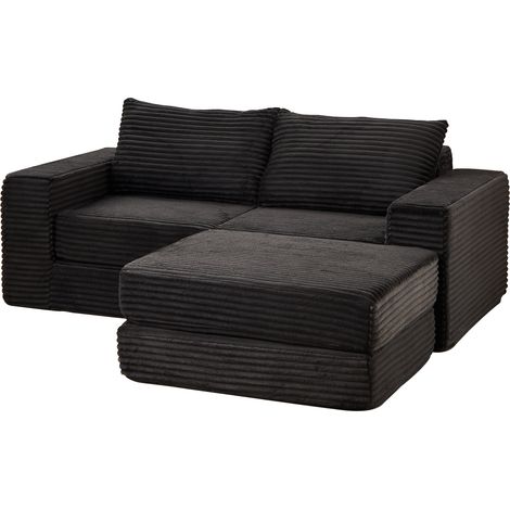 2-in-1 modulares Schlafsofa aus schwarzem Cordvelours mit 2 Kissen und Hocker (1/5)