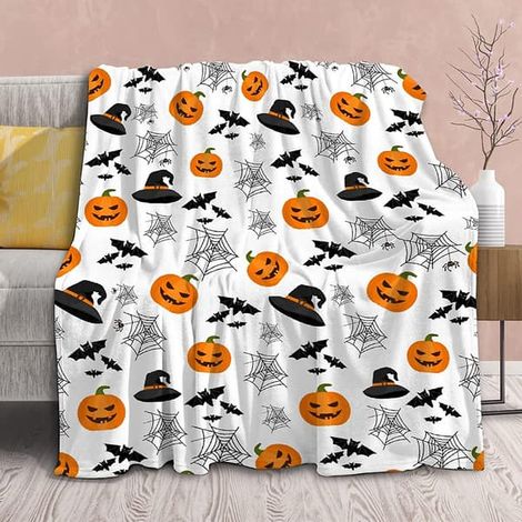 Ecleanfy - Couverture légère en polaire avec motif citrouille, idéale pour Halloween, un anniversaire ou Noël. Douce et confortable, elle convient à toutes les saisons et peut être utilisée pour le li (1/5)