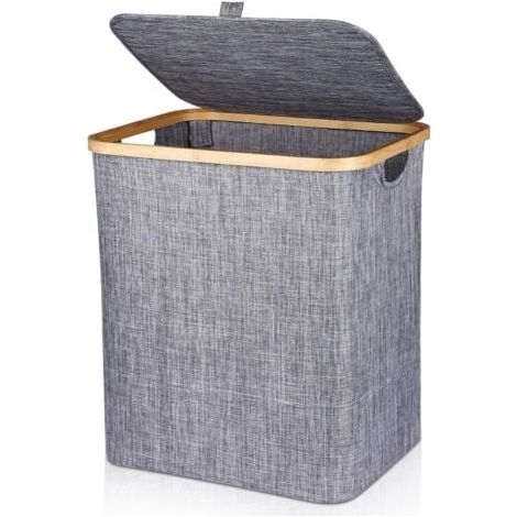 Wäschekorb 60L Faltbarer Wäschekorb aus Bambus mit Deckel & Griff, Rechteckiger Schmutzwäschekorb für Schmutzwäsche, 40X33X45CM Dunkelgrau