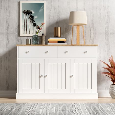 Aparador 120x36x80.5 cm blanco y madera en tablero de partículas con 3 puertas, 2 cajones y relieve (1/5)