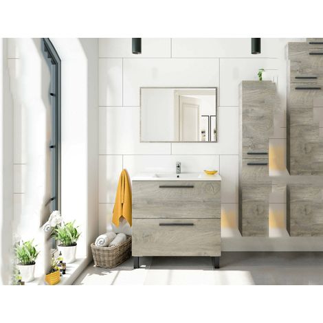 Mobile sottolavabo Abissalino, Mobiletto per bagno a 2 cassetti, Armadietto sospeso con specchio, lavabo non incluso, 80x45h80 cm, Rovere (1/5)