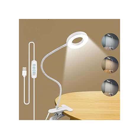 Schreibtischlampe, 3 Beleuchtungsmodi, Klemmleuchte zum Lesen und Arbeiten, mit USB-Ladegerät, um 360 Grad drehbarer Lichtarm [Energieklasse G]