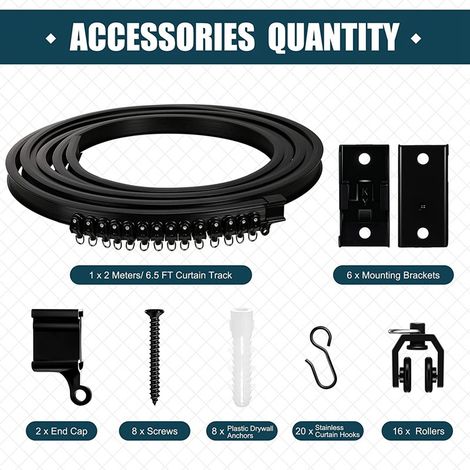 2-meter black curved curtain track, set including accessories, U-shaped and L-shaped flexible track, retail. (1/5)
