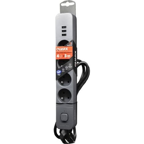 Regleta - QUARX - 4 tomas - Con 3 puertos USB, cable 1,5m