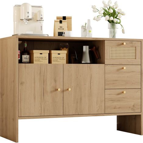 Sideboard 105×40×76 cm Küchenschrank Rattan Sideboard Kommode 2 Türen 3 Schubladen Goldgriffe Wohnzimmerschrank Küchenmöbel Holzoptik