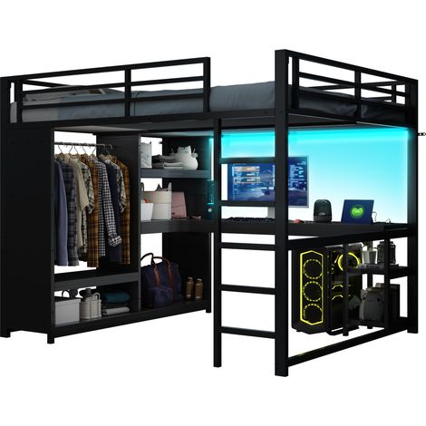 Lit mezzanine métal noir 160x200 cm avec LED, bureau, penderie ouverte et étagères, sommier à lattes inclus (1/5)
