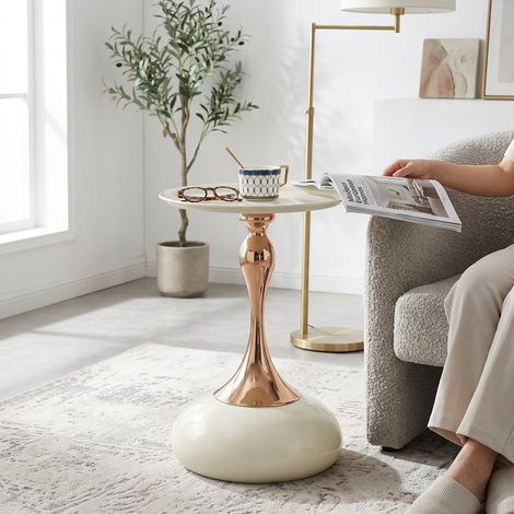 Table ronde blanche 38 cm, petite table d'appoint moderne à base métallique pour salon, chambre ou balcon, table de chevet ou d'angle pour lit et thé.