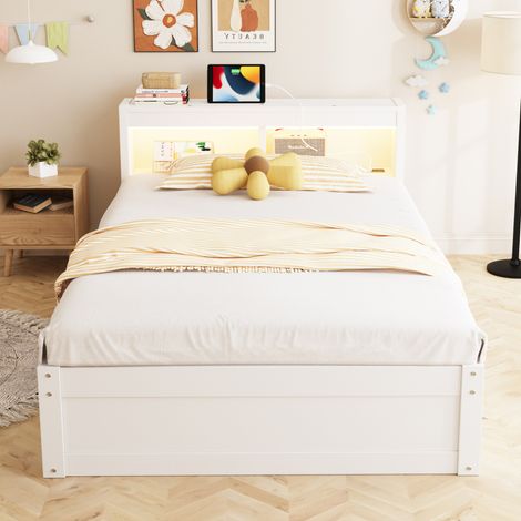 Cama multifunción 90 x 200 cm blanca con enchufe, almacenamiento, tiras LED y mecanismo hidráulico (1/5)