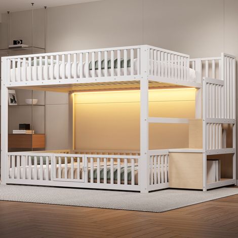 Letto a castello 140x200 con scaletta contenitore, con LED, bianco