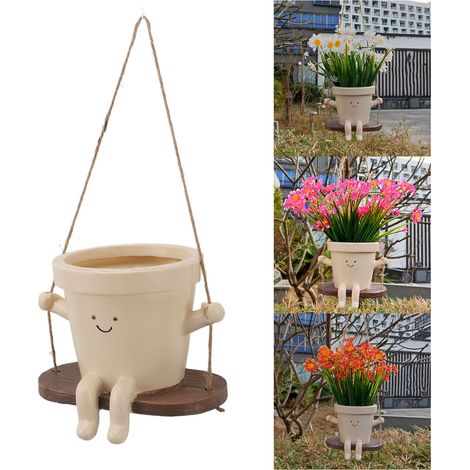 Maceta colgante decorativa con cara temblorosa – resina – maceta colgante para uso interior y exterior – expresión facial adorable – 13,5 x 10 x 11 cm (1/5)