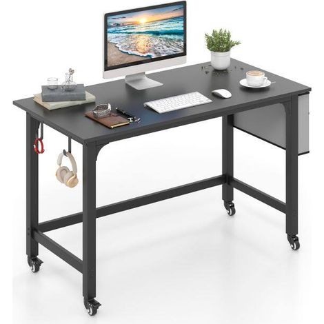 Bureau informatique noir 120 cm avec sac de rangement, 2 crochets pour casque et roulettes freinées pour bureau et maison (1/5)