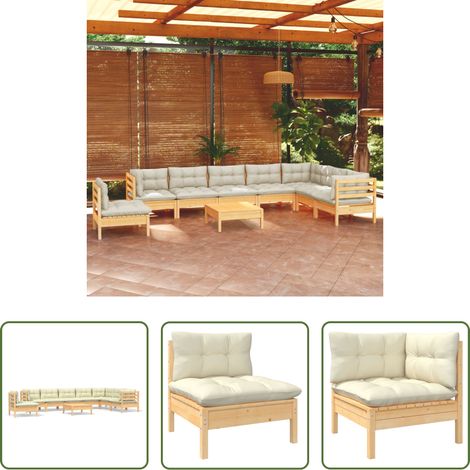 Terrassensofa - 9-tlg. Garten-Lounge-Set mit Creme Kissen Massivholz Kiefer (1/5)