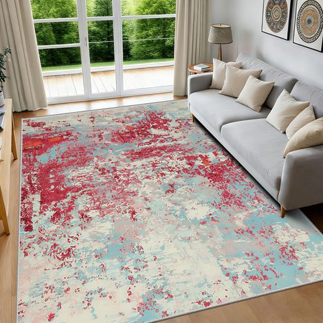 Tapis Salon Rouge 120x180 cm, Tapis Lavable en Machine et Antidérapant Tapis Abstrait Moderne à Poils Courts pour Salon, Chambre, Salle à Manger et Bureau (1/5)