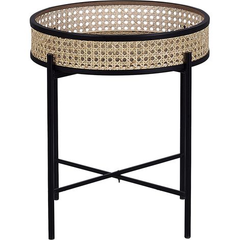 Mesa auxiliar patas plegables de metal negro tablero desmontable de ratán ligero boho redondo Vienna