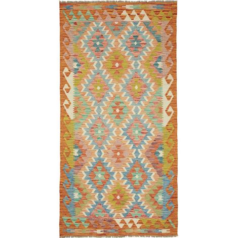 Tapis kilim 102 x 201 cm, géométrique, multicolore, bleu, orange, en laine naturelle, tissé à plat, artisanal (1/5)
