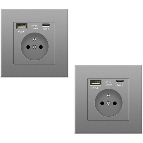 2 prise murale grise avec USB et Type C, prise de courant en verre, 5v, 2100mA (1/4)