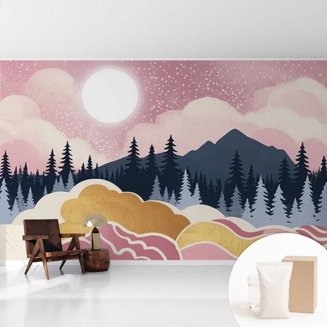 Papier peint intissé décoratif avec colle pour salon chambre et bureau Installation rapide Coucher de soleil rose 416x254 cm (1/5)