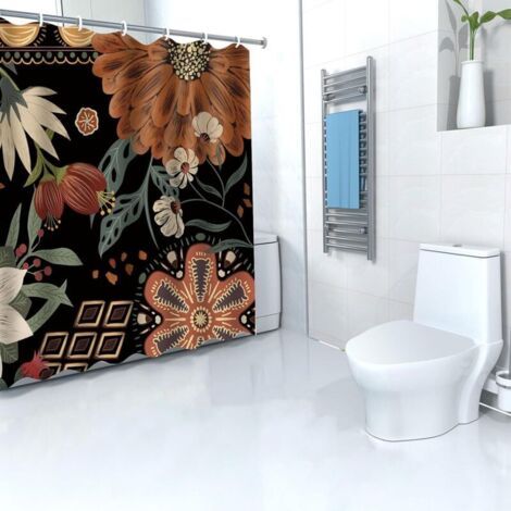 BUNTHAUS Rideau de douche noir, imperméable, anti-moisissure, en polyester, motif feuilles, 180 x 180 cm