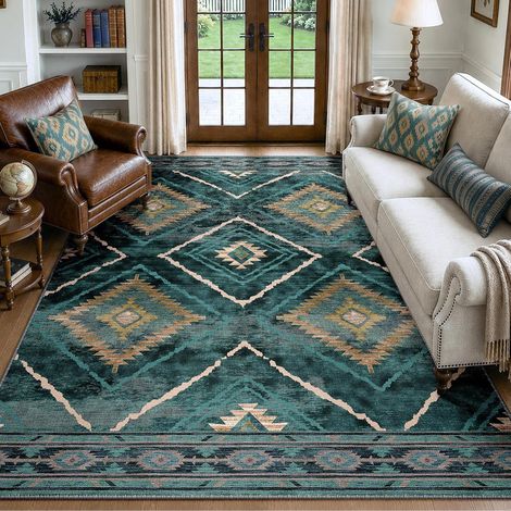Tapis de Salon Lavable en Machine 150x210 cm Tapis antidérapant, Tapis de Chambre Style marocain pour Le Salon, l'entrée, la Chambre et la Cuisine, Bleu Canard (1/5)