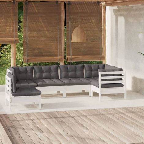 INLIFE Salon de jardin 6 pcs avec coussins Blanc Bois de pin (1/5)