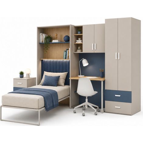 Cameretta Moderna Con Letto A Scomparsa Scrivania Armadio E Cassettiera Composizione Salvaspazio In Melaminico Per Bambini Ragazzi E Ospiti 133 X 208.5 X 45-216 Cm Cashmere E Blu (1/5)