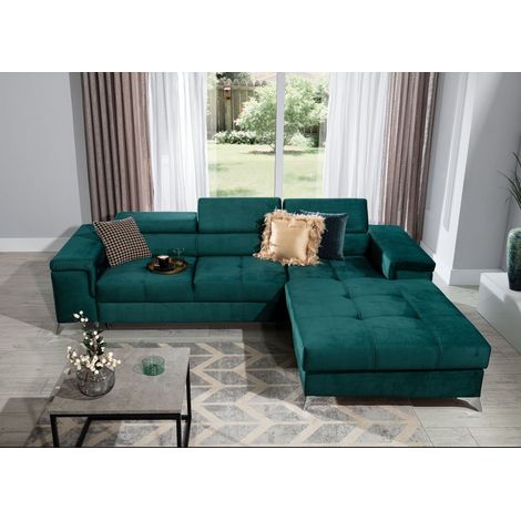 Canapé convertible d'angle droit velours vert Rika 280 cm (1/5)