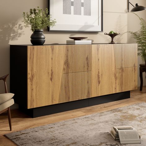 Buffet 160x40x72 cm noir et décor bois en panneaux de particules avec étagère réglable et grand rangement (1/5)