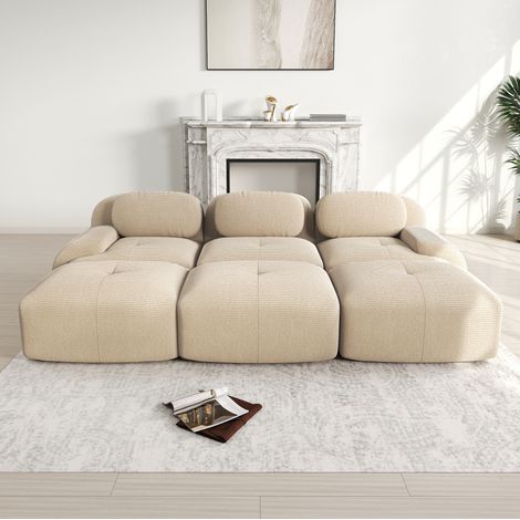 Sofá modular esquinero beige en pana con 3 pufs, sin montaje y espuma 32D (1/5)