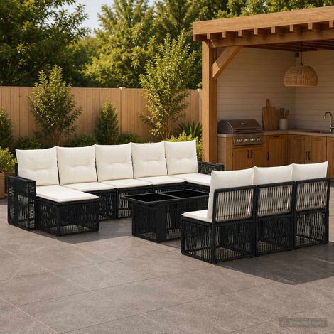 vidaXL Set Divano da Giardino 11 pz Nero e Bianco Crema polyrattan (1/5)