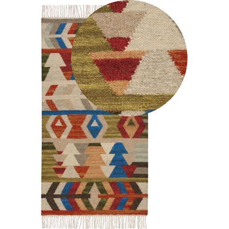Alfombra kilim de lana rojo azul verde 80 x 150 cm a mano geométrico borlas Kaghsi