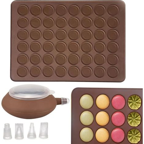 Tapis de cuisson en silicone pour macarons - 48 trous - Avec stylo décoratif - 4 buses - Revêtement anti-adhésif - Sans BPA - Pour macarons et gâteaux, pain, 38 x 28 cm