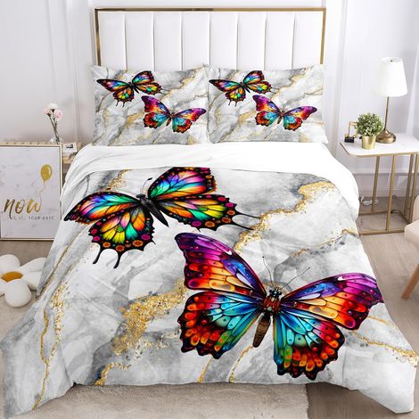 Housse De Couette Papillon 220x240, Douces Et Confortables Blanc Papillon Parure De Lit,avec Fermeture Éclair Microfibre Housse De Couette Et 2 Taie d'oreiller 50x75 Cm (B, 220x240cm) (1/5)