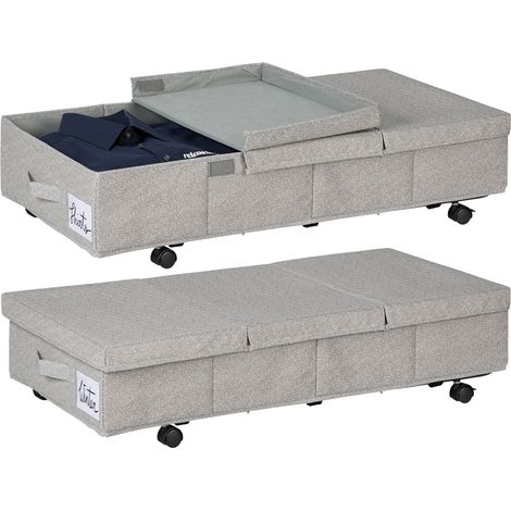 Relaxdays Cajas de Almacenaje Bajo la Cama, Pack de 2, 50 Litros, con Ruedas, 20 x 80 x 40 cm, Plegables, con Tapa, Gris