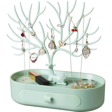 Porte Bijoux, Porte Boucles D'oreilles, Porte Bijoux Femme Trois Niveaux Avec Tiroirs, Support Pour Boucles D'oreilles/Porte Bague/Support Collier, Cadeau Pour Les Dames(Vert) (1/5)
