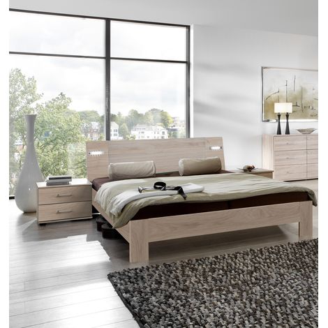 Ensemble Lit adulte avec LED et 2 chevets Imitation chêne Hickory - 180 x 200 cm -PEGANE-