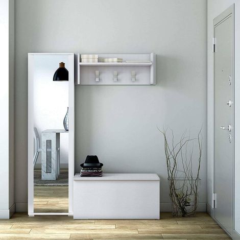 Dmora - Mueble de entrada Djohnse, Entrada moderna con perchero, Mueble con zapatero, Armario con espejo, Cm 50x32h182, Blanco (1/5)