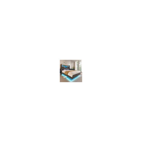 Cama infantil de 90x200 cm con iluminación LED, cabecero con almacenamiento y 1 puerto Type-C, 3 puertos USB, pies ocultos, sin colchón, lino, gris (1/5)