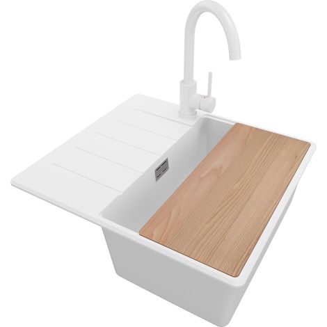 PRIMAGRAN Evier Cuisine en Granit 55x50cm, Lavabo 1 bac + Robinet 32x20cm + Kit de Vidage + Accessoire, Évier à Encastrer au meuble 40cm - Copenhague, Blanc (1/5)
