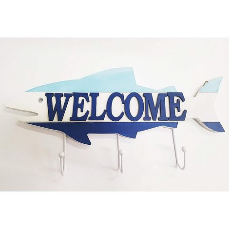 Trade Shop - Attaccapanni Appendino 3 Ganci Parete Legno Pesce Welcome Stile Marino -