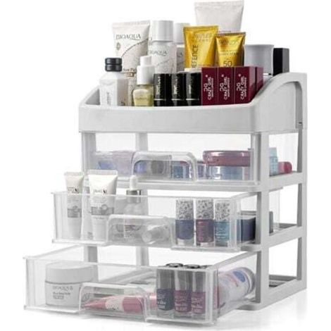 Organisateur Maquillage avec Tiroirs - Rangement Makeup & Cosmétique pour Salle de Bain - Rangement pour Coiffeuse - Boîte de Rangement à 3 Tiroirs (1/4)