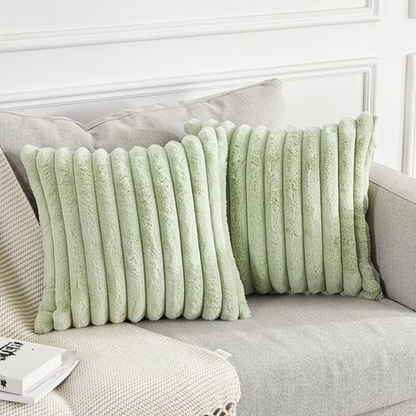 Lot de 2 housses de coussin, velours peluche, imitation fourrure, fermeture éclair invisible, lavable en machine, pour canapé, salon, chambre, 114 x 114 cm, vert (1/5)