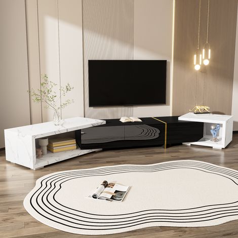 Mobile TV Trasformabile 260x40x30cm, Regolabile 140-260 cm e Girevole, Effetto Marmo, Accenti in Nero Lucido e Oro, MDF, Nero (1/5)