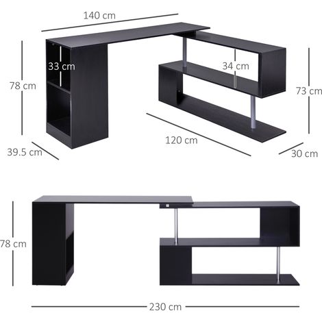 Bureau d'angle gain de place (avec étagère en forme de S), bureau moderne en bois, 140 x 120 x 78 cm, noir (1/5)