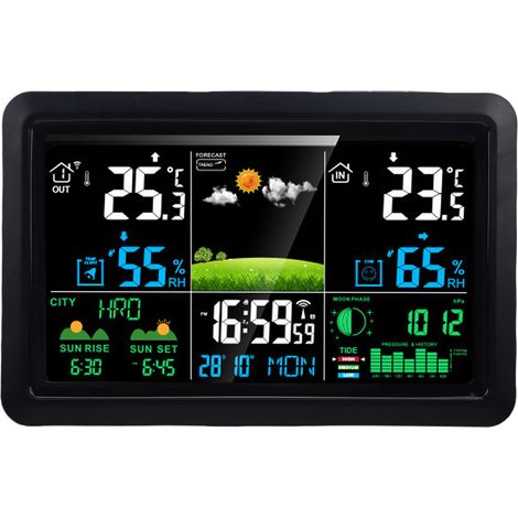 Station météo sans fil avec écran couleur 7,5 pouces, thermomètre multifonction pour intérieur et extérieur, horloge atomique, prise UE 220 V (1/5)