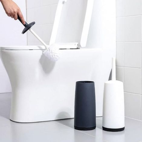 Porte-brosse WC, brosse WC sur pied, brosse WC à poils souples 360° sans angle mort, noir (1/5)