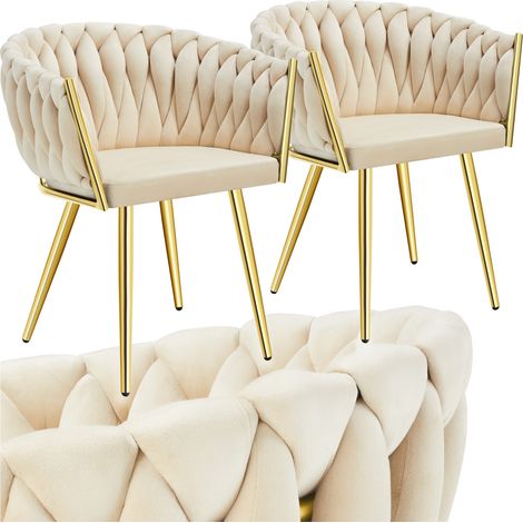 Lot 2 chaises de salle à manger en velours design noué sable/or