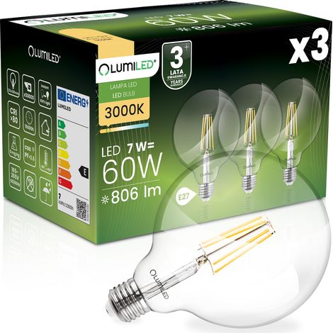 3x LED-Lampe E27 Kugel G125 7W = 60W 806lm 3000K Warmweiß 360° Glühfadenbeleuchtung