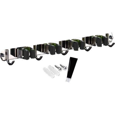 Wandmontierter Besenhalter ohne Bohren, mit 4 Klemmen und 5 Edelstahlhaken, schwarz (1/5)