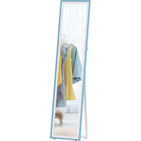 Miroir sur pied pleine longueur avec cadre en MDF, miroir mural rectangulaire à 2 modes d'utilisation, 37 x 4 x 157 cm, blanc et bleu (1/5)